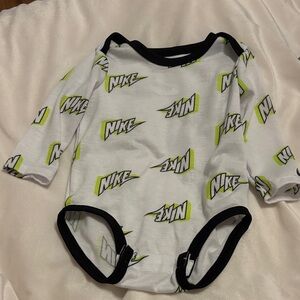 Nike White One-Piece Bodysuit with Neon Green Logo and Black Trim